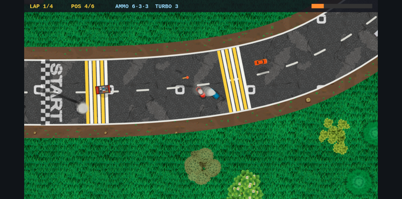 Mid-race: a car flies off a ramp while a missile streaks past the start line