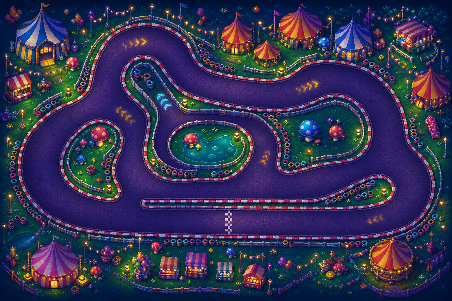 The complete Mush Rush Carnival circuit surrounded by striped tents, glowing mushrooms and candy-colored tire walls